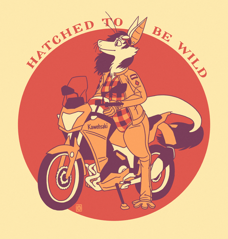 a limited-palette drawing of a female yinglet on her parked motorcycle, the helmet in her upper hands and the breeze in her hair. a roundel behind her says 'hatched to be wild'
