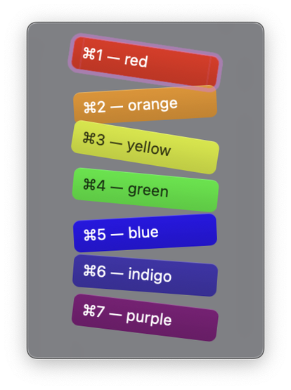 a macOS dialog showing a stack of colored buttons from "⌘1 - red" to "⌘7 - purple", where each button is skewed by a random rotation, giving a very jumbled and disconcerting appearance
