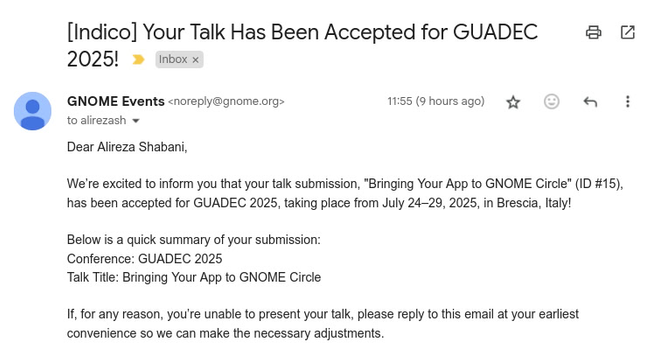 Screenshot of an email from GNOME Events informing Alireza Shabani that their talk ‘Bringing Your App to GNOME Circle’ has been accepted for GUADEC 2025