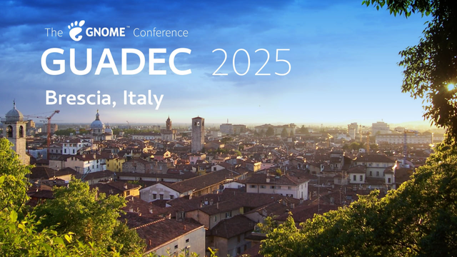 GUADEC 2025 banner with a background photo of Brescia, Italy