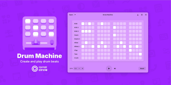 Banner featuring the Drum Machine application with a screenshot of the UI, app logo, and the slogan ‘Create and play drum beats’