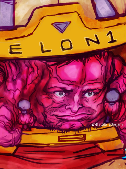 Close up of Musk’s face in the illustration 