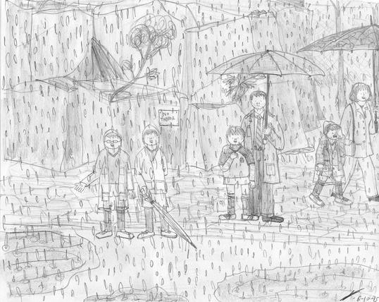 Dos niños en la lluvia, en un campo de futból. un niño se queja con su padre y una madre consuela a su hijo llorando porque llovió