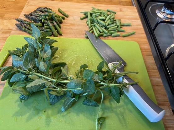 A few stalks of freshly harvested oregano on a chopping board with asparagus and green beans in the background.