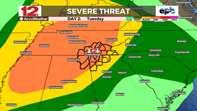#WDEFweather #News12Weather -- Slight Risk of severe weather for Monday evening gets raised to a 3/5 Enhanced Risk on Tuesday afternoon/evening. 
All modes of severe weather will be in play Tuesday: damaging winds, tornadoes and hail, with a slight risk for flash flooding. 
#StayTuned and be #WeatherAware tonight and tomorrow