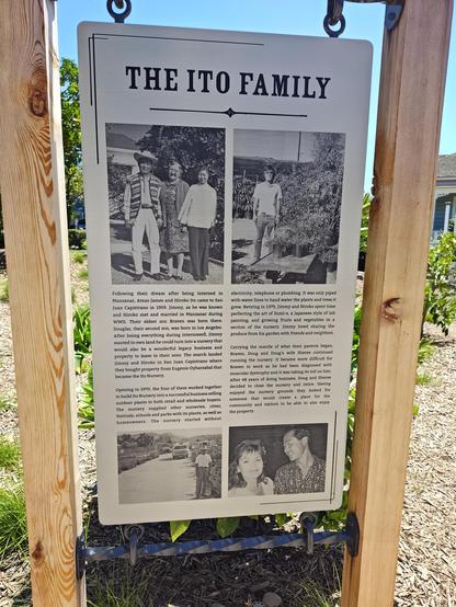Historical marker about the Ito family, once interned at the Manzanar concentration camp, losing everything, and then rebuilding their lives by starting a nursery in San Luis Obispo, California.