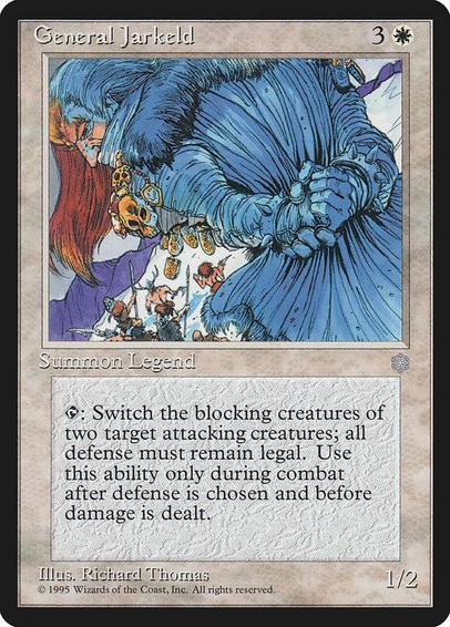 Card Name: General Jarkeld
Set: Ice Age
Description: {T}: Choose two target blocked attacking creatures. If each of those creatures could be blocked by all creatures that the other is blocked by, each creature that's blocking exactly one of those attacking creatures stops blocking it and is blocking the other attacking creature. Activate only during the declare blockers step.
Artist: Richard Thomas