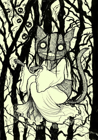ilustracion de un gato-fantasma-japonés en blanco y negro, hecho con tinta y papel, en un bosque lleno de árboles y espíritus, con guiño a Ghibli