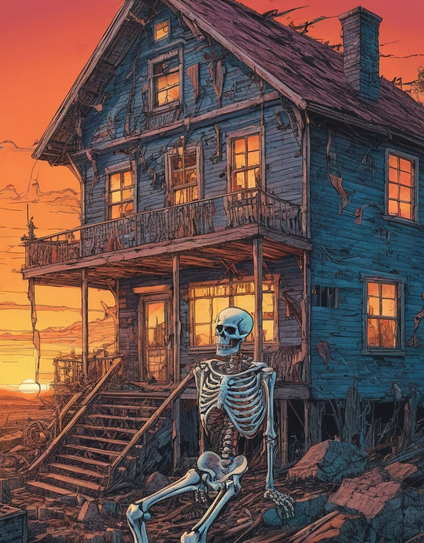 Model: RealVisXL V4.0
(1980 drawing, psychedelic colors, ultra detail, 4k, graphic novel illustration) a skeleton working on a house in a apocalypse, during sunset 