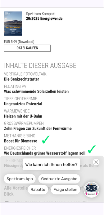 Inhaltsverzeichnis des Magazins Spektrum zur Energiewende