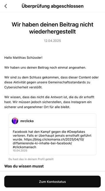 Mitteilung von Meta, dass mein Beitrag dauerhaft gelöscht bleibt.