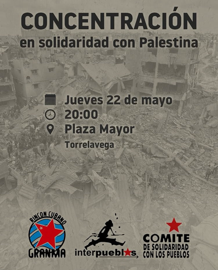 Cartel de concentración en apoyo a Palestina el jueves 22 de mayo a las 20:00 en la Plaza Mayor de Torrelavega.