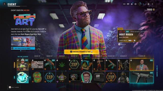 An image of a Call of Duty "battlepass" for the "420 event". Seth Rogan looks like a jackass in a plaid textured suit that appears to have been vomited on by one of the varying species of neon clown. The items in the pass are heavily weed themed and often include imagery of cannabis leaves. This shit costs ten dollars and gives you some of the ugliest gun skins you've ever seen, prominently featuring the well known weed colors of bright pink and blue-ish teal, apparently? There is an advertisement within this paid battlepass for another paid item. This is what appears to be a character with a shark head who is evidently a rival to a character with a pink teddy bear head. One of the items is a "gun screen" that talks to you while you play, featuring a small cartoon weed leaf with Seth Rogan's voice so he can annoy you while you're trying to fight.

If you are solely relying on alt text to see this image, I swear to god I am not making any of this up. It's one of the worst things I've ever seen. This society needs an enema.