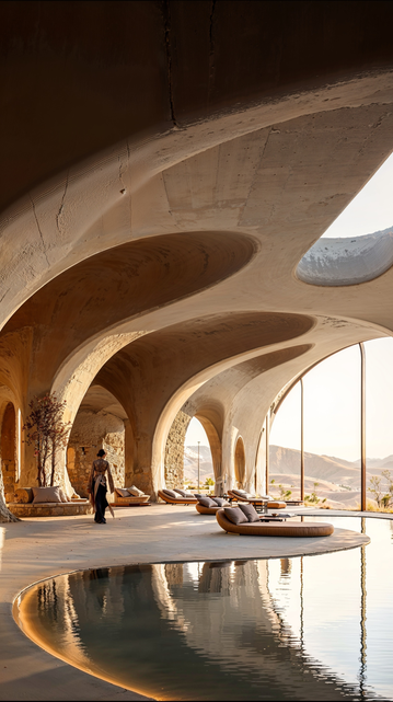 Dune Horizon, ultra-luxury resort in the desert
Hyperbolic columns and prefabricated voussoirs support undulating floor slabs pierced by large oculi.