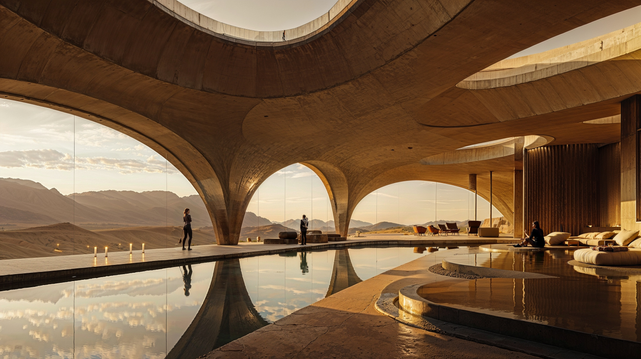 Dune Horizon, ultra-luxury resort in the desert
Hyperbolic columns and prefabricated voussoirs support undulating floor slabs pierced by large oculi.