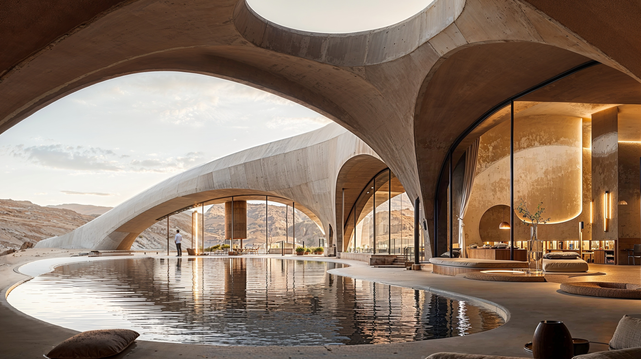Dune Horizon, ultra-luxury resort in the desert
Hyperbolic columns and prefabricated voussoirs support undulating floor slabs pierced by large oculi.
