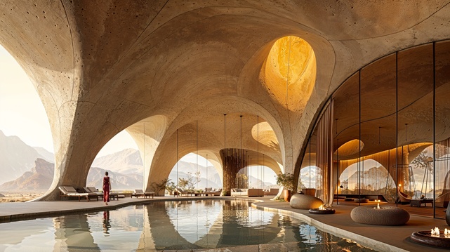 Dune Horizon, ultra-luxury resort in the desert
Hyperbolic columns and prefabricated voussoirs support undulating floor slabs pierced by large oculi.