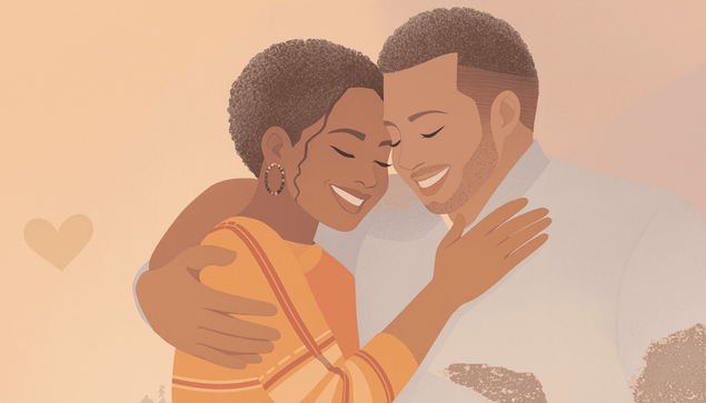 A couple embracing with gentle smiles, surrounded by soft colors and symbols of support like intertwined hands and a heart, conveying strength and emotional connection.
