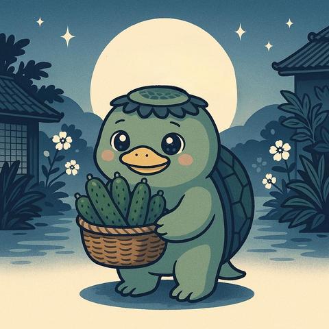 ②« Generated by GPT4o »
Art featuring a kappa holding a basket full of cucumbers against the backdrop of a cool early summer evening (a sophisticated atmosphere that seems to shine quietly), a minimalist design with cucumbers and a single kappa as the main focus. The kappa, a Japanese monster, has a plate on top of its head, creating a humorous design (feminine & stylish).