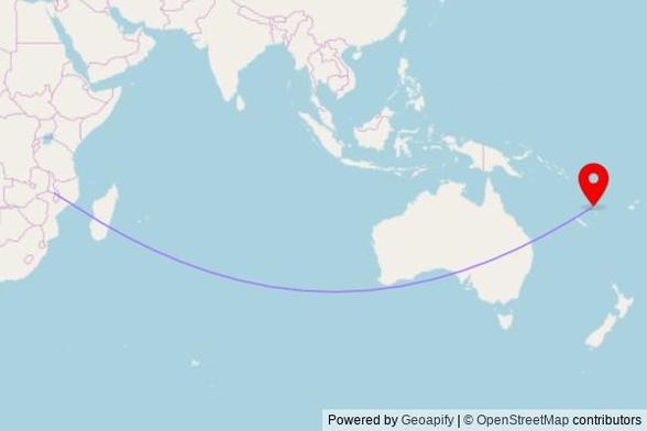 A map showing the great circle route from Dedza in Malawi to a map pin at Cathédrale du Sacré-Cœur, Bouganville Street, Port Vila, Vanuatu