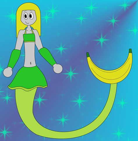 Drawing of Kalium as a Mermaid, wearing a green top, long armbands and a skirt. Her mermaid tail is green and the tailfin is yellow like a banana. The background is blue with a hint of cyan on the top-left/bottom-right corners, plus some cyan/green-mix sparkles.