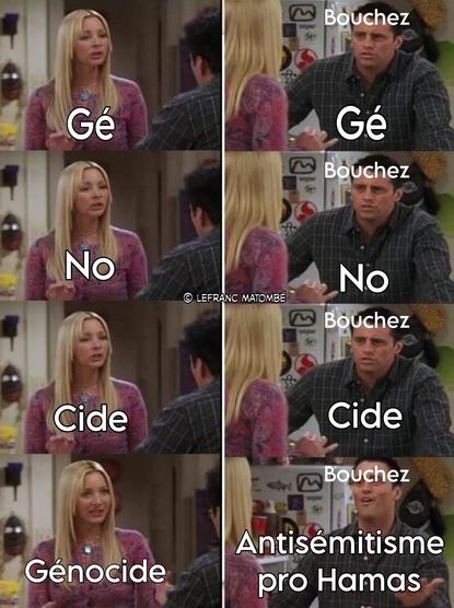 Mème basé sur la série Friends, avec un dialogue entre Phoebe et Joey. Phoebe décompose le mot « Génocide » en trois syllabes : « Gé », « No », « Cide », puis dit « Génocide ». À droite, chaque réponse est mimée par Joey, étiqueté ici comme « Bouchez ». Il répète chaque syllabe jusqu'à « Cide », mais lorsqu’il entend « Génocide », il répond à la place : « Antisémitisme pro Hamas ».
