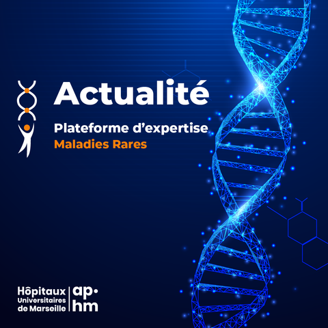 Fond bleu avec un motif d’ADN en lumière bleue à droite. À gauche, le logo de la Plateforme d’expertise Maladies Rares des Hôpitaux Universitaires de Marseille, accompagné du texte : « Actualité – Plateforme d’expertise Maladies Rares ». En bas, logo AP-HM – Hôpitaux Universitaires de Marseille.