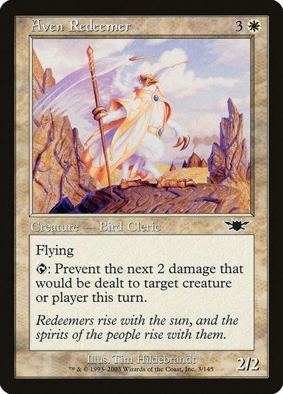 Card Name: Aven Redeemer
Set: Legions
Description: Flying
{T}: Prevent the next 2 damage that would be dealt to any target this turn.
Artist: Tim Hildebrandt