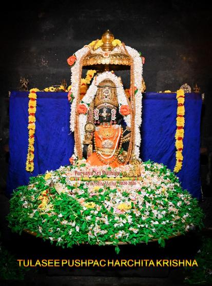 Idol of Hindu deity Krishna dressed in orange with a large heap of holy basil leaves and flowers (mostly white, some yellow) on the floor all around Krishna, rising up to and covering his knees.

Krishna wears a gold crown and several gold ornaments. A small gold umbrella overhead. A thick white flower garland flows down from the umbrella on either side of Krishna.

Blue cloth background.