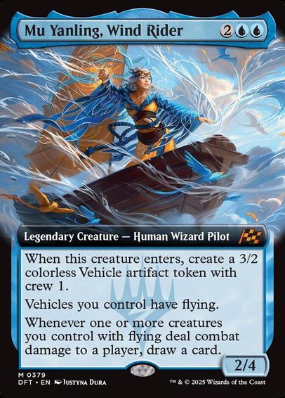 Card Name: Mu Yanling, Wind Rider
Set: Aetherdrift
Description: When this creature enters, create a 3/2 colorless Vehicle artifact token with crew 1.
Vehicles you control have flying.
Whenever one or more creatures you control with flying deal combat damage to a player, draw a card.
Artist: Justyna Dura