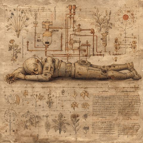 Midjourney Prompt: Medieval manuscript illustration of a sleeping robot depicted in authentic Voynich Manuscript style, dormant mechanical figure drawn with the same ink and artistic techniques as the original codex, surrounded by cryptic text in Voynich script, botanical diagrams with tubular plant structures, celestial symbols, interconnecting pipes and vessels, antiqued parchment texture, faded brown ink, meticulous detail, mysterious medieval codex art, 15th century manuscript aesthetic --v 7