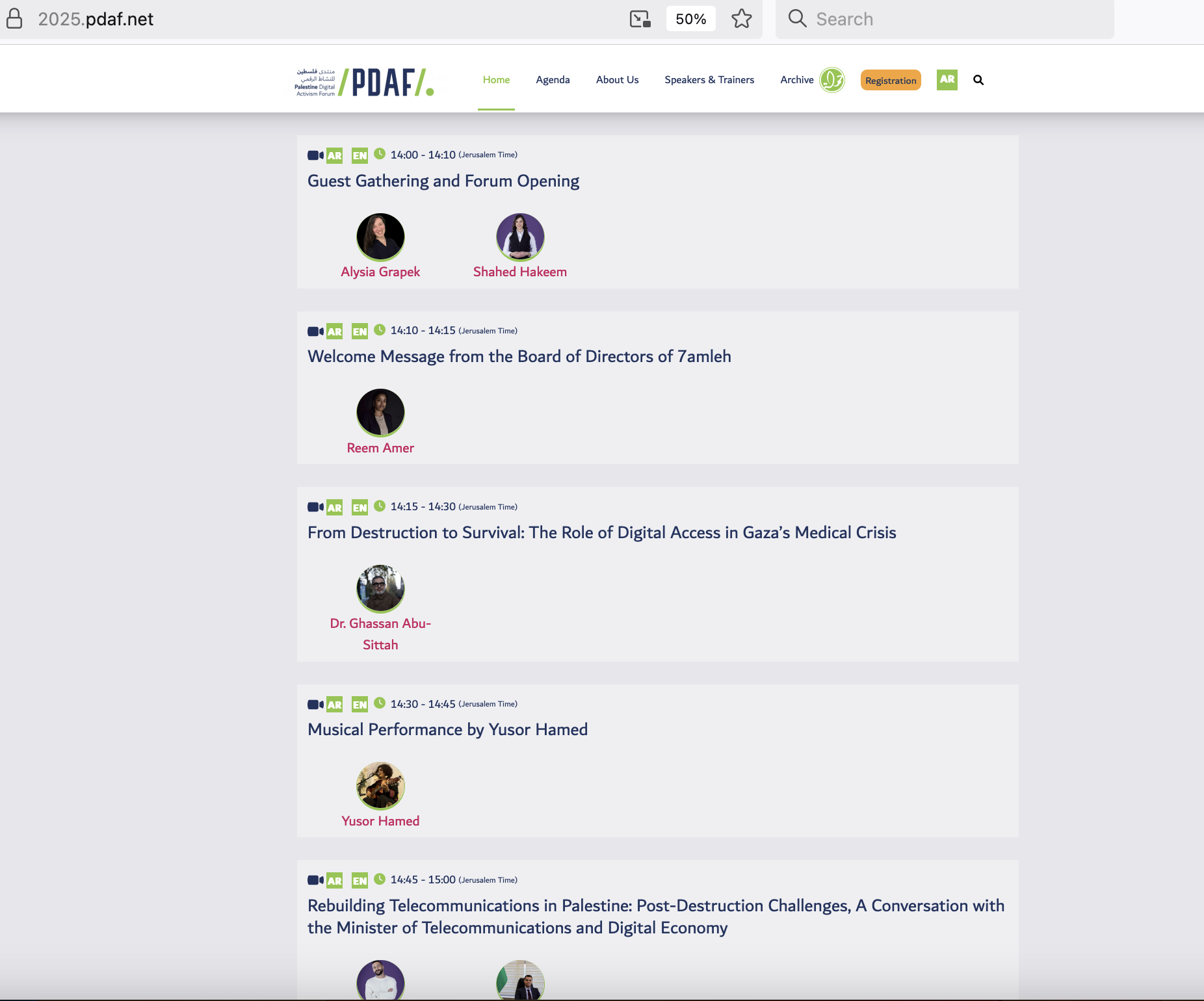 Screenshot of the 2025 PDAF (Palestinian Digital Activism Forum) agenda webpage. The agenda displays the session titles, times (in Jerusalem Time), languages (Arabic and English), and speakers for several events. Sessions include