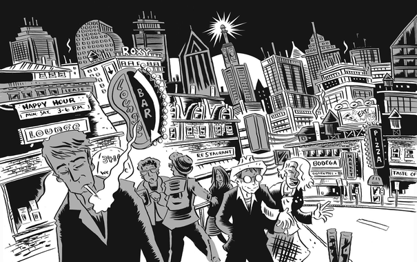 A greyscale illustration of a couple walking in a city at night, people all around, and the cityscape rising above them.