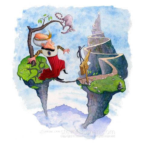 My quirky watercolor painting titled "It is Very Important to Get from Here to There" depicts a man in royal outfit making a perilous crossing between two impossibly tall landscape features along a small tree branch as an indeterminate animal observes from above and a small figurine standing atop a signpost points in the direction of the winding uphill path.