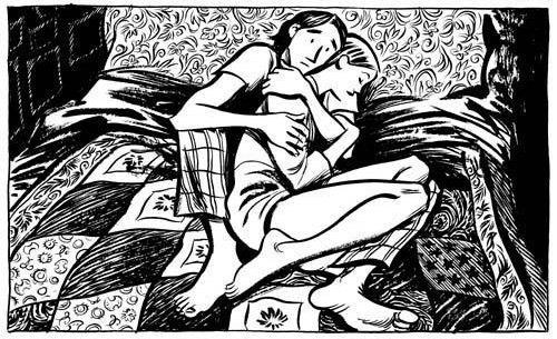 Comic panel in black and white: Two young people cuddling on a bed, on a blanket. He, with his eyes open, embraces her from behind. She, eyes closed, is in a semi-fetal position.