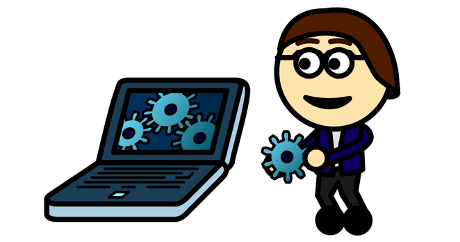 A laptop with gears on the screen, with Andy holding a gear, to update the laptop