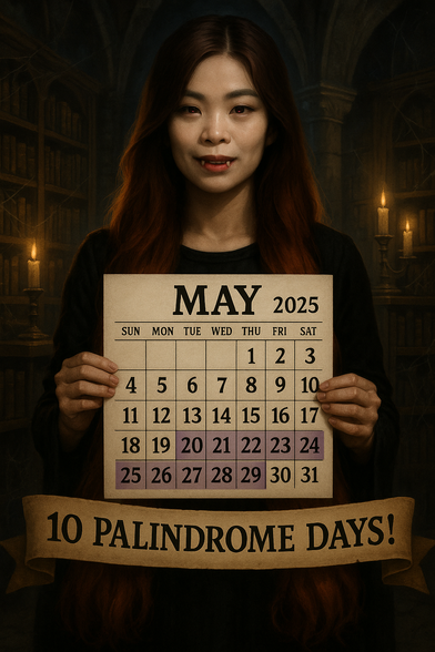 A female vampire with long auburn hair holds a May 2025 calendar with May 20-29 highlighted. A banner at the bottom says "10 Palindrome Days!"