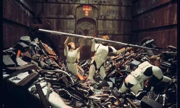 Death Star trash compactor, filled with all sorts of dirty unpleasant garbage, which our heroes desperately need to escape from