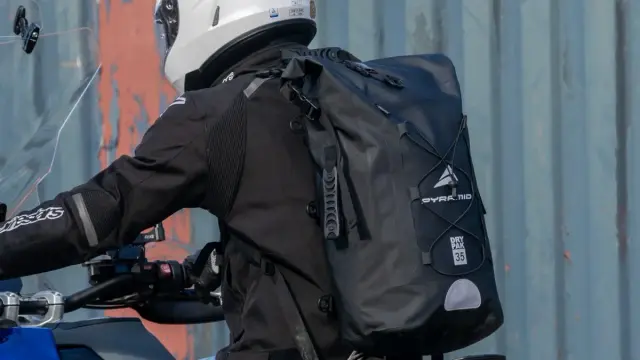 The versatile and affordable new Pyramid Waterproof 35 Litre Motorcycle Backpack is designed for riders, and can also be used as a tail pack with four supplied mounting straps
