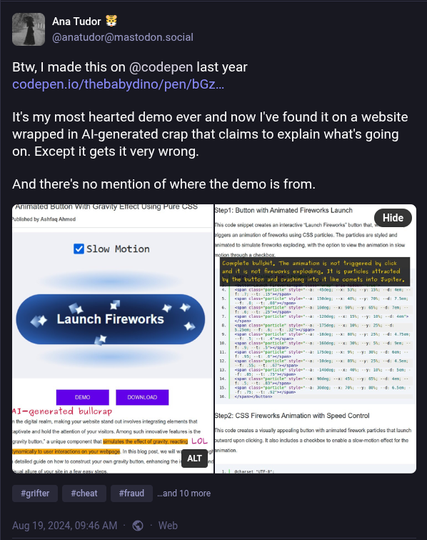 August 2024 post showing how I found this demo on a website, wrapped in AI-generated crap that claims to explain what's going on. Except it gets it very wrong. And they don't indicate in any way that someone else (me!) made it.