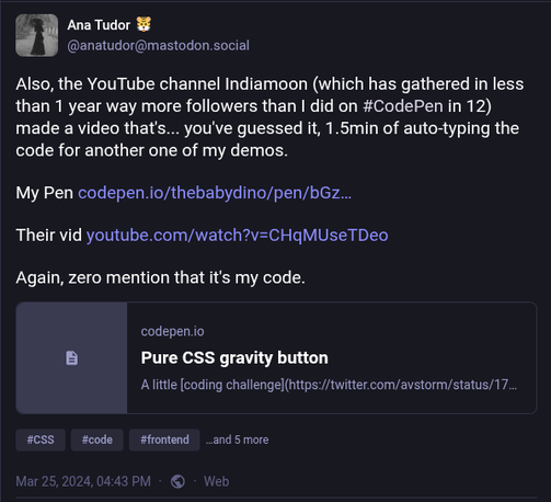 My post about finding my demo on in a video on the Indiamoon YouTube channel. The video is 90 seconds of auto-typing code and also doesn't credit me.