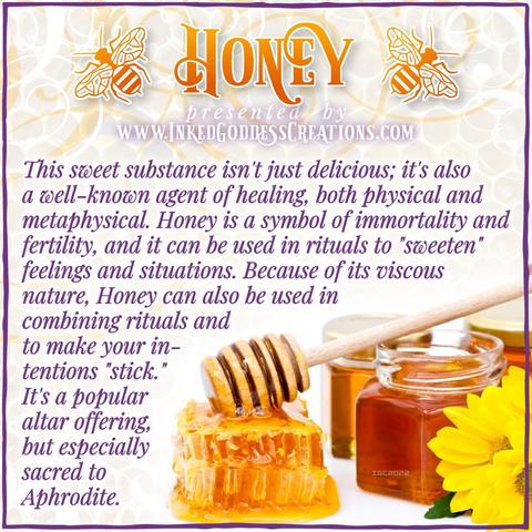A cluster of small jars of honey sits against a white background. Two pieces of honeycomb are next to it with a wood honey-dipper resting on top. The text explains honey's metaphysical correspondences, some trivia about it, and ways to use it in your magickal practice. Presented by Inked Goddess Creations.