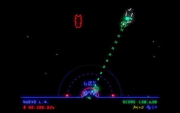 Glowing vector graphics screenshot that looks like the original Missile Command. The base at the bottom of the screen is firing at something at the top right. A red totem hangs in the upper left space, full of menace. It wants to destroy you.