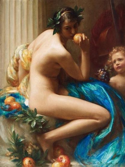 a painting of a bare woman, seated, some leaves and citrus fruits around her, she is holding one to her lips, a small baby looking up a her, she is turned and looking down and to the left, columns behind her, some sections of instruments in the shadowy right area, , she is sitting on a jewel-blue piece of fabric that winds around the bottom of the painting 