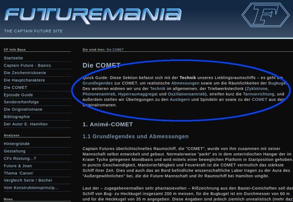 Sscreenshot der Website "Futuremania.de" mit der Sektion zum Raumschiff COMET, der Quick Guide ist zwecks besserer Sichtbarkeit blau "eingekringelt"