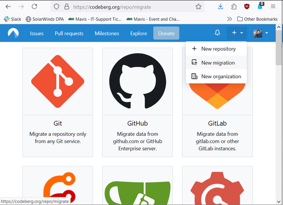 Screen shot of Codeberg.com in a desktop web browser.
It's their "Migrate" page, which shows nine different platforms repositories can be migrated/imported from. This includes Git, Github, GitLap, and others.

https://codeberg.org/repo/migrate