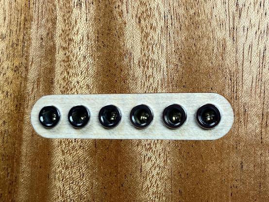 Rückseite einer Telecaster® artigen E-Gitarre, Detail auf die Saitenhalter, die in einem Einsatz aus Ahorn gelagert sind. Sechs Metallhülsen nebeneinander, in denen die Enden der Saiten zu sehen sind.