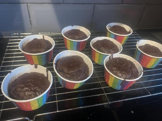 Eight chocolate chip muffins, in rainbow cases cooling on a wire rack 