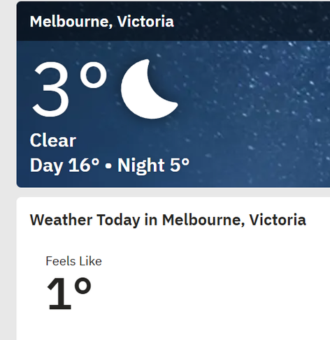Weather page showing current Melbourne, Victoria weather as 3 degrees celcius, with a "feels like" temperature of 1 degree celcius. 