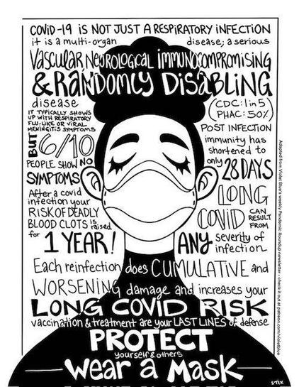Hand-lettered poster with words around a masked person with long eyelashes and hair gathered into a curvy puff of hair atop their head. "Covid-19 is not just a respiratory infection. It is a multi-organ disease; a serious vascular neurological immunocompromising & randomly disabling disease. (CDC: 1 in 5. PHAC: 50%.) It typically shows up with respiratory flu-like or viral meningitis symptoms, but 6/10 people show no symptoms. Post infection immunity has shortened to only 28 days. After a covid infection your risk of deadly blood clots is raised for 1 year! Long Covid can result from any severity of infection. Each reinfection does cumulative and worsening damage and increases your Long Covid risk. Vaccination and treatment are your LAST LINES of defense. Protect yourself and others; wear a mask." (from Violet Blue's Threat Model newsletter; patreon.com/violetblue)